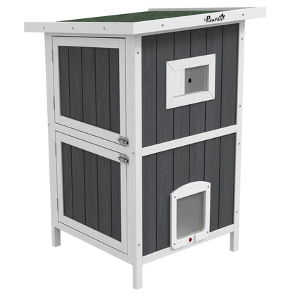 Waterproof Wooden 2-Story Cat House with Fun Entrances, Outdoor Animal Shelter with Openable Roof, 60x60x90.5cm