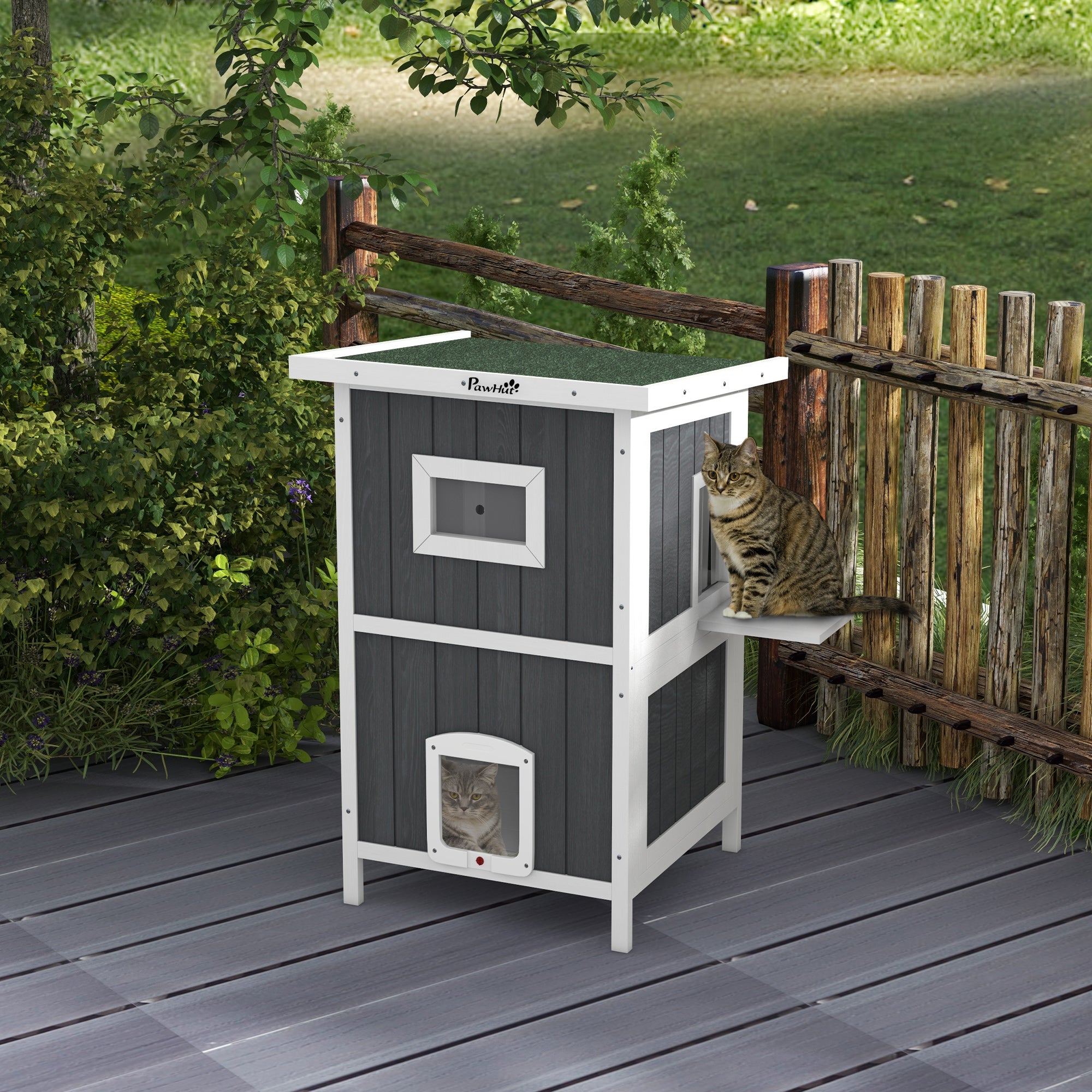 Waterproof Wooden 2-Story Cat House with Fun Entrances, Outdoor Animal Shelter with Openable Roof, 60x60x90.5cm