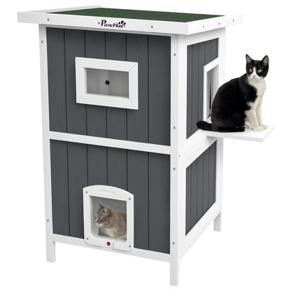 Waterproof Wooden 2-Story Cat House with Fun Entrances, Outdoor Animal Shelter with Openable Roof, 60x60x90.5cm