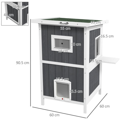 Waterproof Wooden 2-Story Cat House with Fun Entrances, Outdoor Animal Shelter with Openable Roof, 60x60x90.5cm