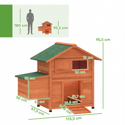 Wooden Chicken Coop 113.5 x 67.5 x 95.5 cm (44.7 x 26.6 x 37.6 in) with Nest Box, 2 Perches, Ramp, Sliding Window, Waterproof Roof, Pull-Out Tray — For 2 Hens/Ducks/Rabbits — Orange