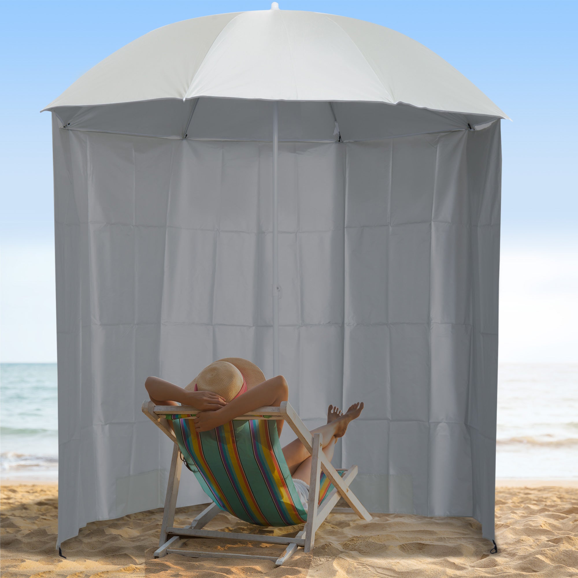 Beach Umbrella Ø 2.2 x 2.2m UV Protection Carry Bag, Stakes, and Weights Integrated Cream
