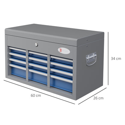 Metal Toolbox with 6 Drawers and 1 Upper Tray, Lockable with 2 Provided Keys, 2 Handles, Blue