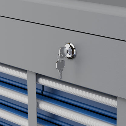 Metal Toolbox with 6 Drawers and 1 Upper Tray, Lockable with 2 Provided Keys, 2 Handles, Blue