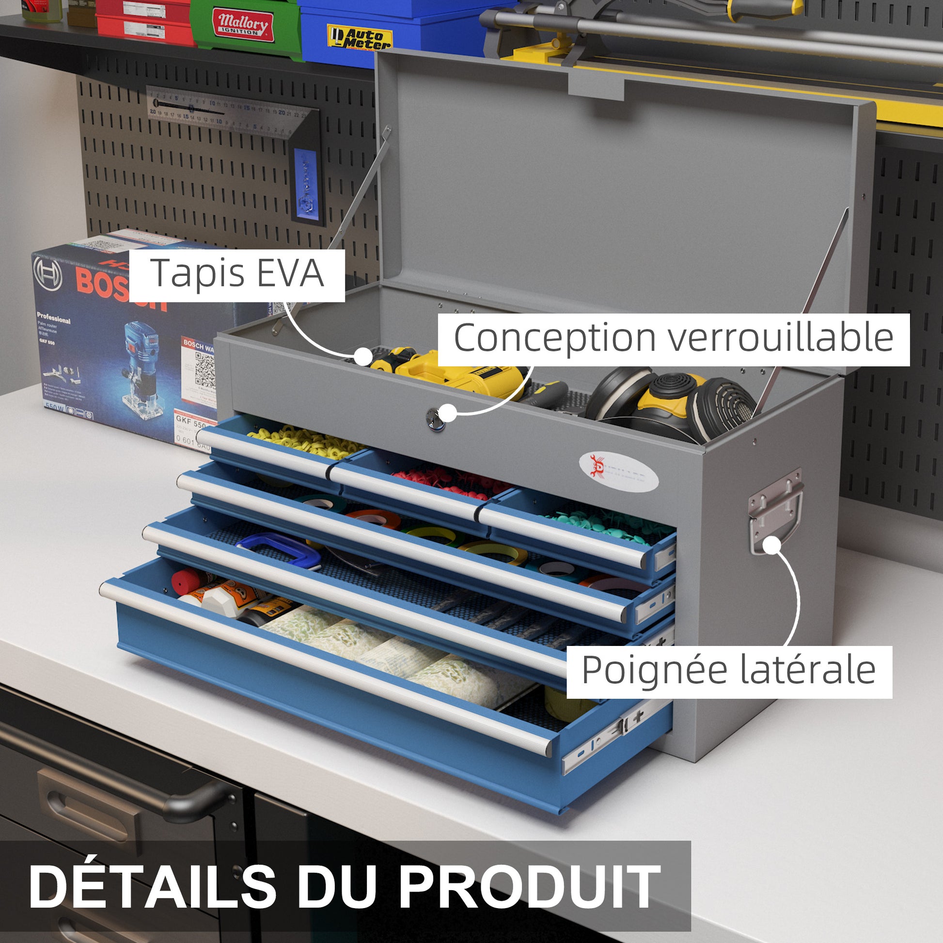 Metal Toolbox with 6 Drawers and 1 Upper Tray, Lockable with 2 Provided Keys, 2 Handles, Blue