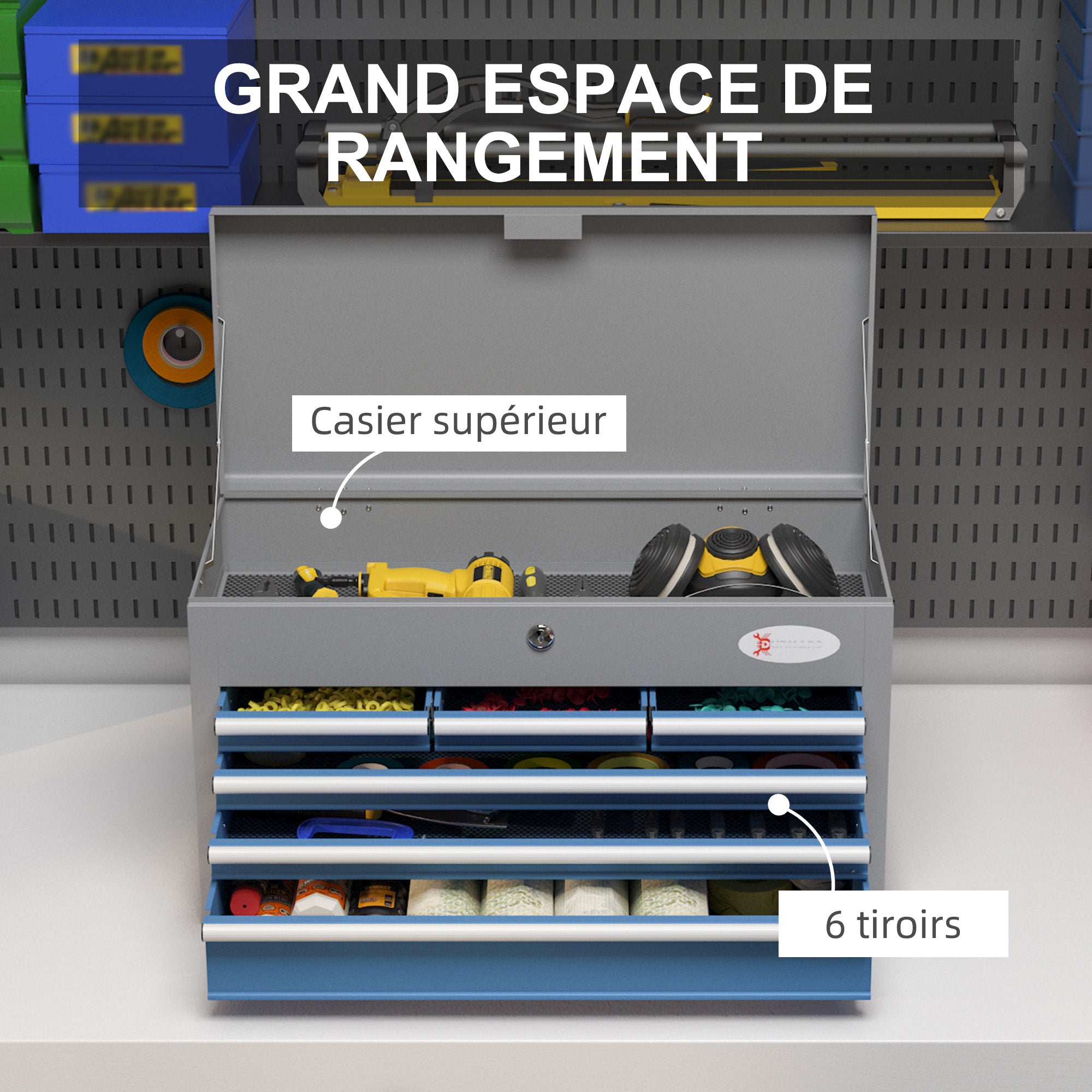 Metal Toolbox with 6 Drawers and 1 Upper Tray, Lockable with 2 Provided Keys, 2 Handles, Blue