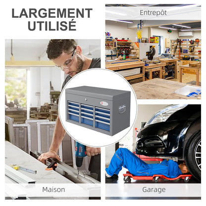 Metal Toolbox with 6 Drawers and 1 Upper Tray, Lockable with 2 Provided Keys, 2 Handles, Blue