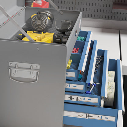 Metal Toolbox with 6 Drawers and 1 Upper Tray, Lockable with 2 Provided Keys, 2 Handles, Blue