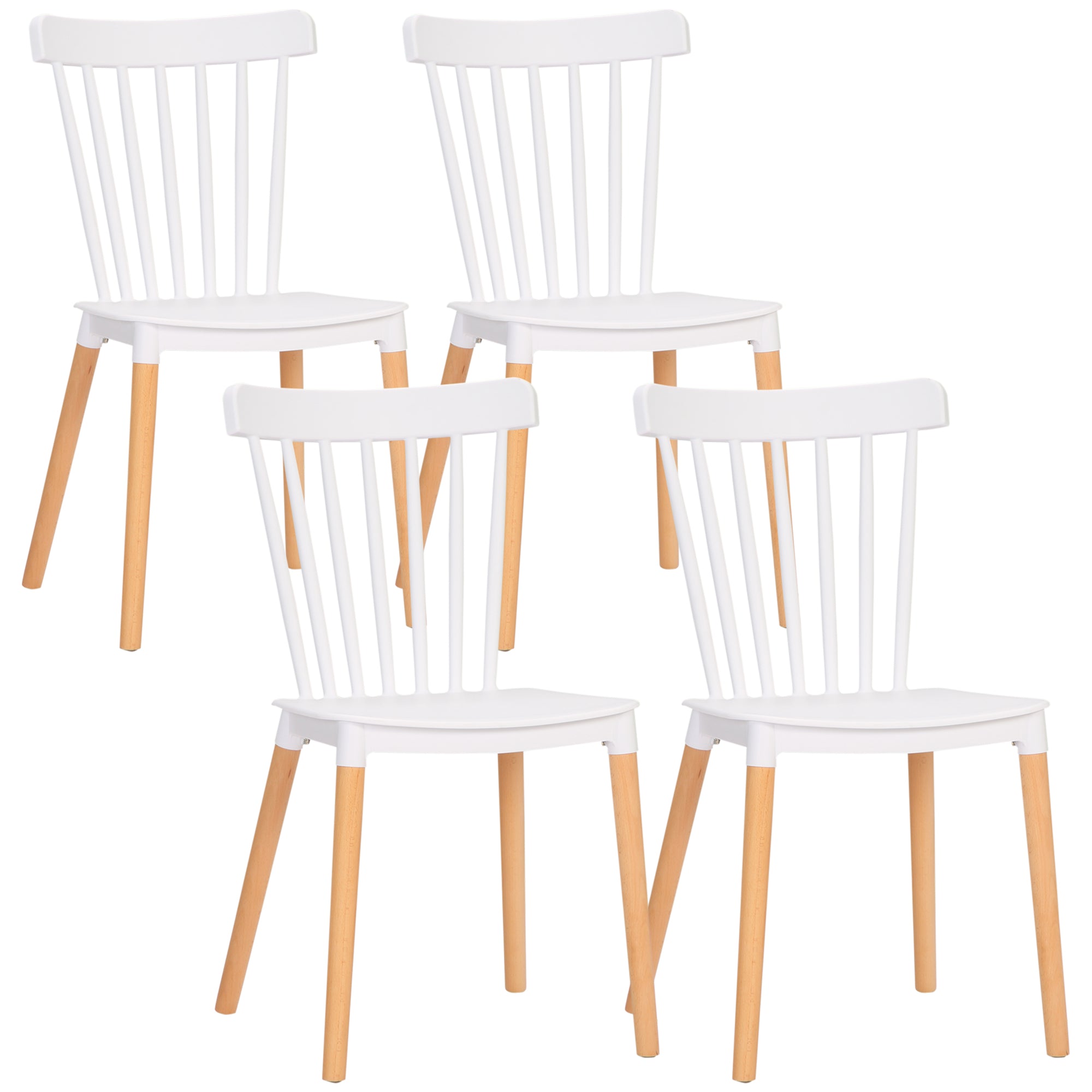Set of 4 Nordic Style Dining Chairs Kitchen Chairs with High Backrest Polypropylene Seat and Beech Wood Legs Load 120 kg 48x52.5x83 cm White