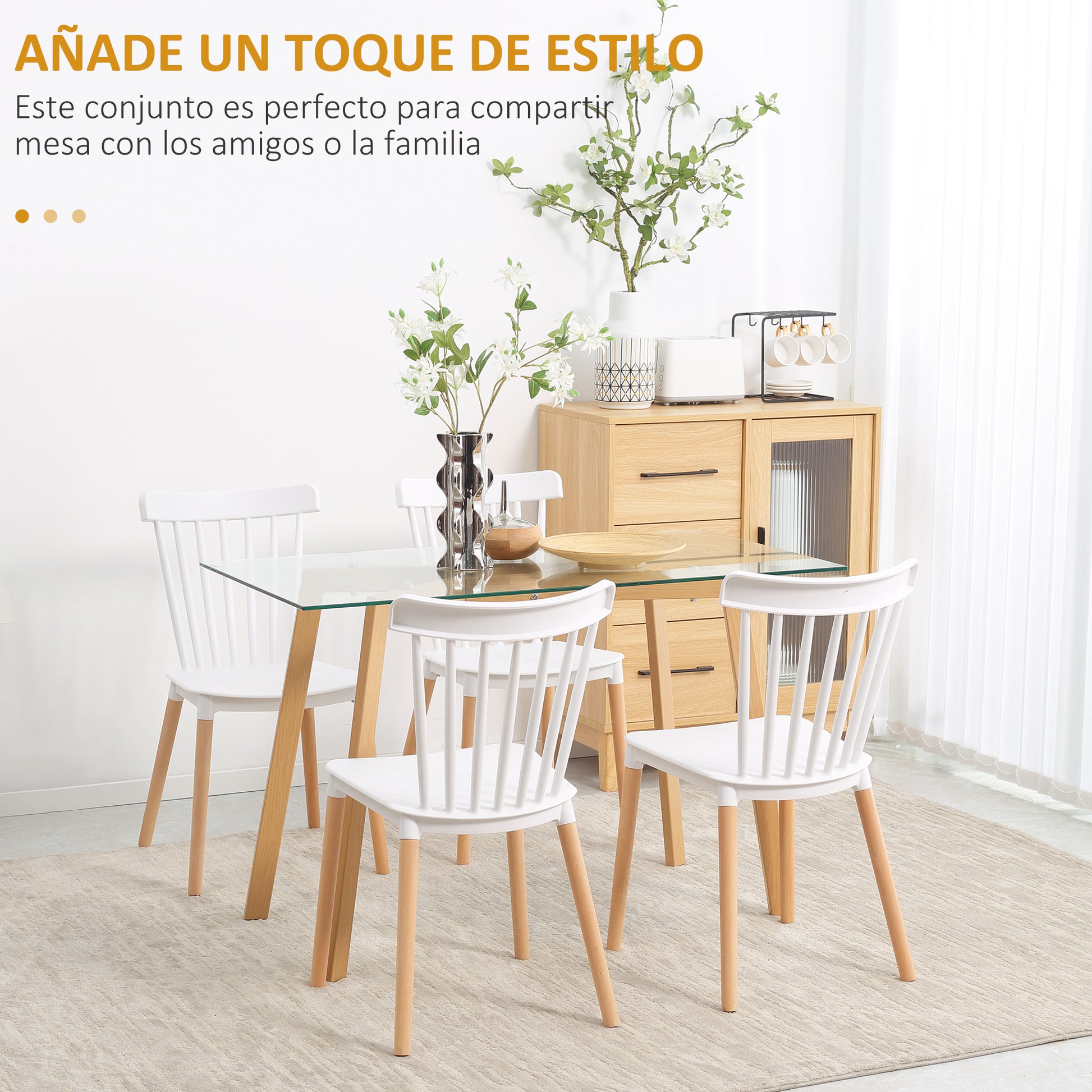 Set of 4 Nordic Style Dining Chairs Kitchen Chairs with High Backrest Polypropylene Seat and Beech Wood Legs Load 120 kg 48x52.5x83 cm White
