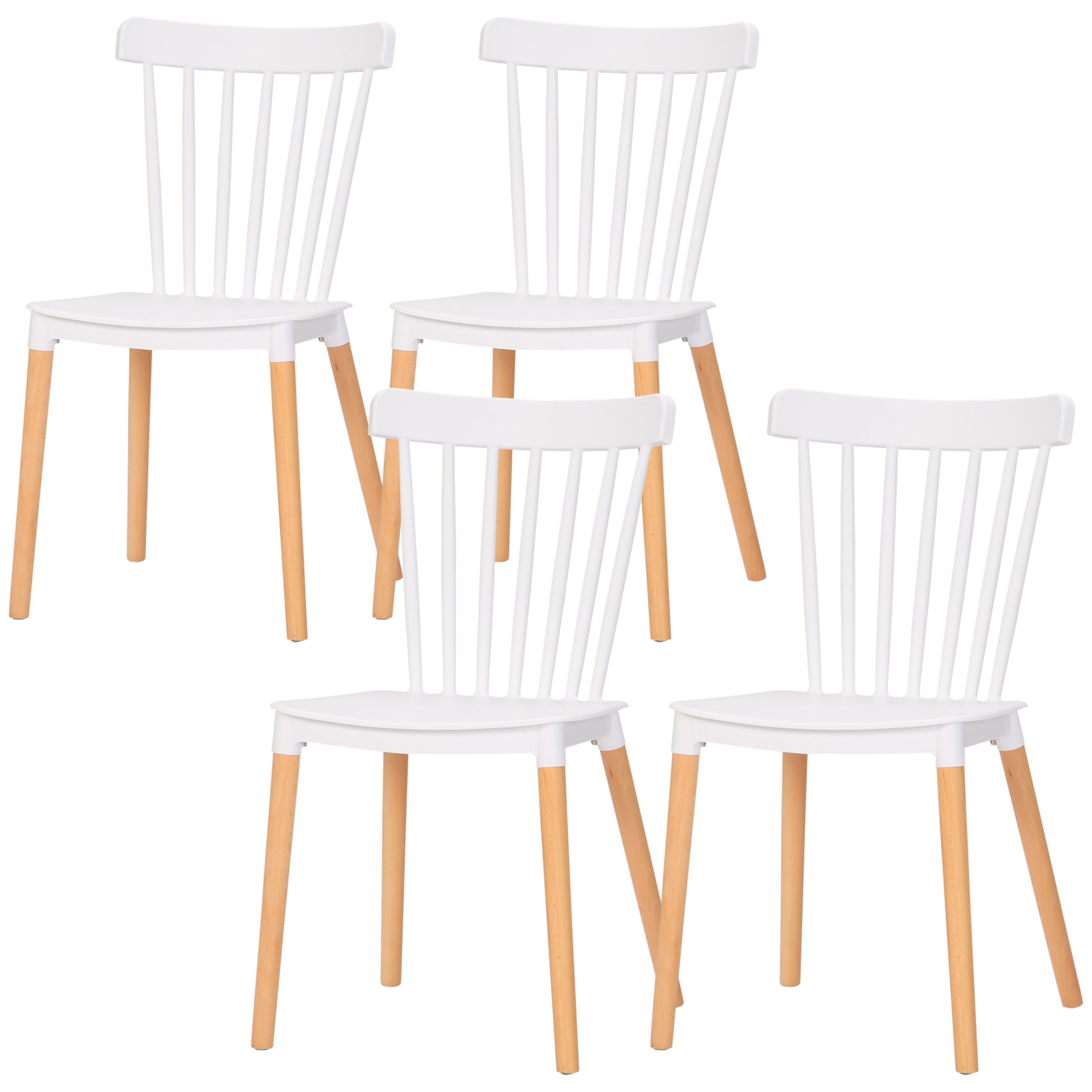 Set of 4 Nordic Style Dining Chairs Kitchen Chairs with High Backrest Polypropylene Seat and Beech Wood Legs Load 120 kg 48x52.5x83 cm White