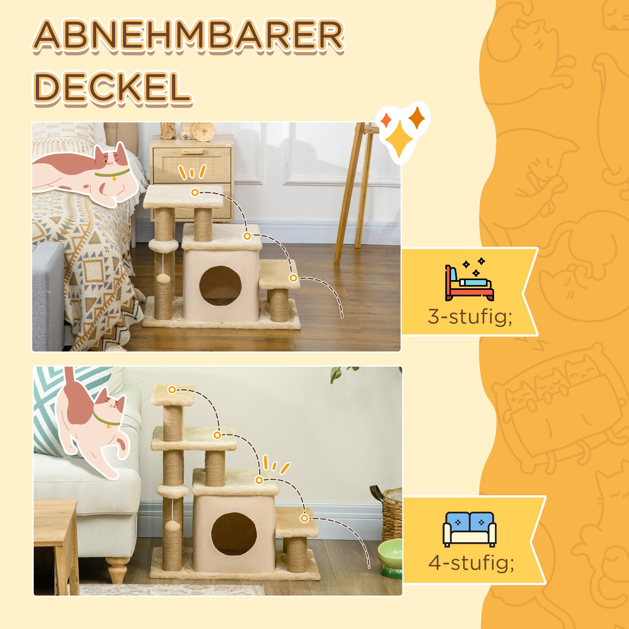 Dog Stairs 3/4 Steps 66 cm High Pet Stairs with Sleeping Den, Ramp, Play Ball, Cat Stairs for medium-sized Cat Dog Ramp Accessory for Bed, Sofa, Couch, Beige