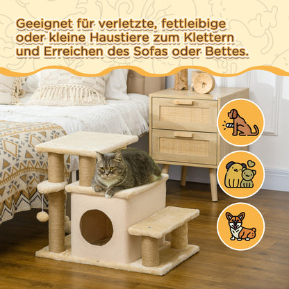 Dog Stairs 3/4 Steps 66 cm High Pet Stairs with Sleeping Den, Ramp, Play Ball, Cat Stairs for medium-sized Cat Dog Ramp Accessory for Bed, Sofa, Couch, Beige