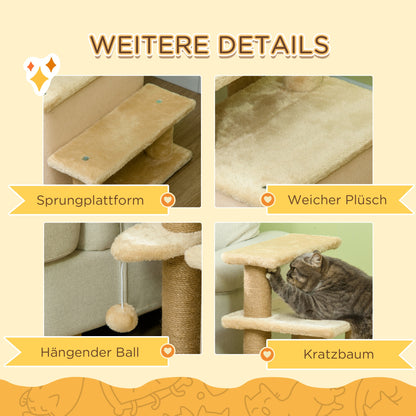 Dog Stairs 3/4 Steps 66 cm High Pet Stairs with Sleeping Den, Ramp, Play Ball, Cat Stairs for medium-sized Cat Dog Ramp Accessory for Bed, Sofa, Couch, Beige