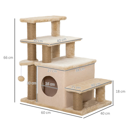 Dog Stairs 3/4 Steps 66 cm High Pet Stairs with Sleeping Den, Ramp, Play Ball, Cat Stairs for medium-sized Cat Dog Ramp Accessory for Bed, Sofa, Couch, Beige