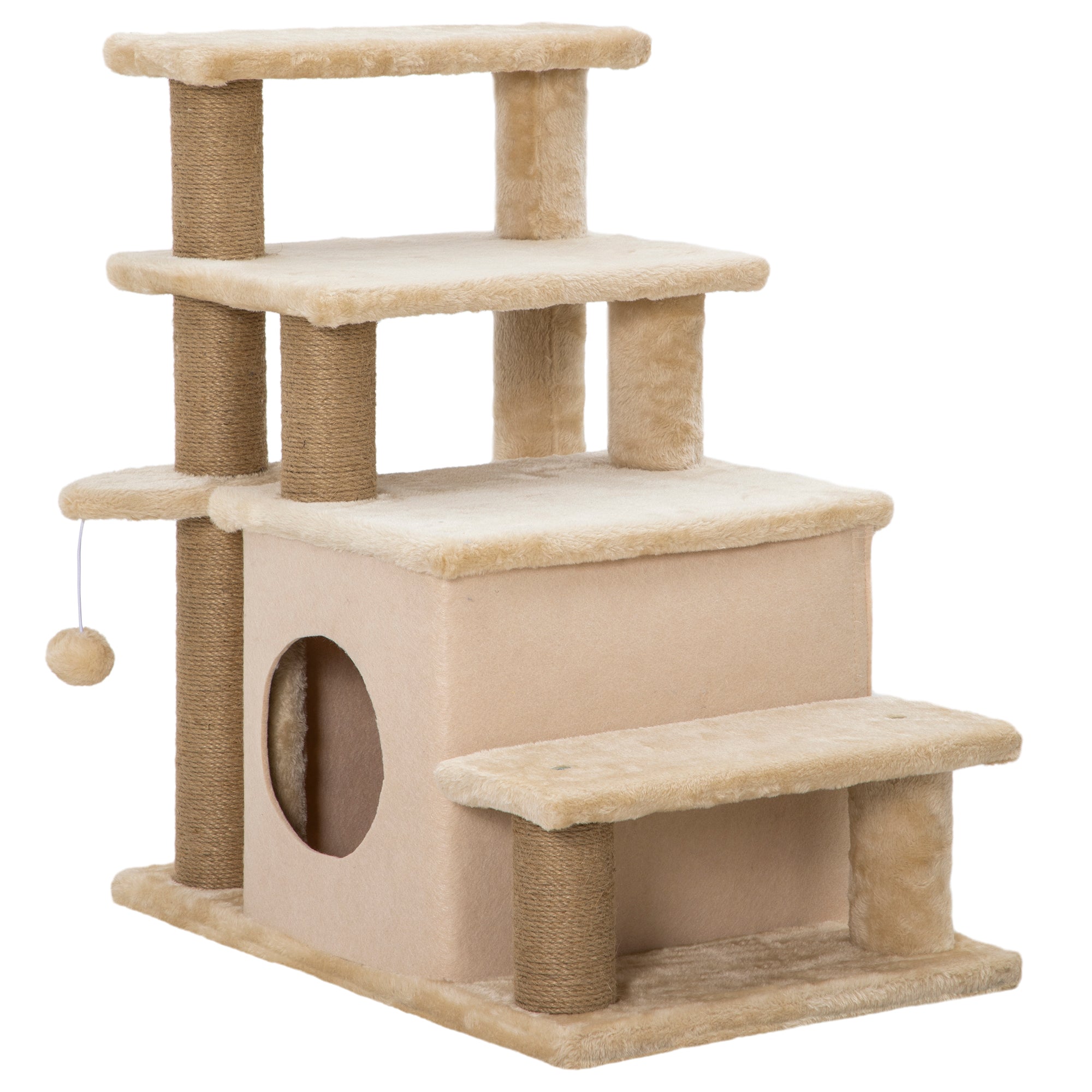 Dog Stairs 3/4 Steps 66 cm High Pet Stairs with Sleeping Den, Ramp, Play Ball, Cat Stairs for medium-sized Cat Dog Ramp Accessory for Bed, Sofa, Couch, Beige