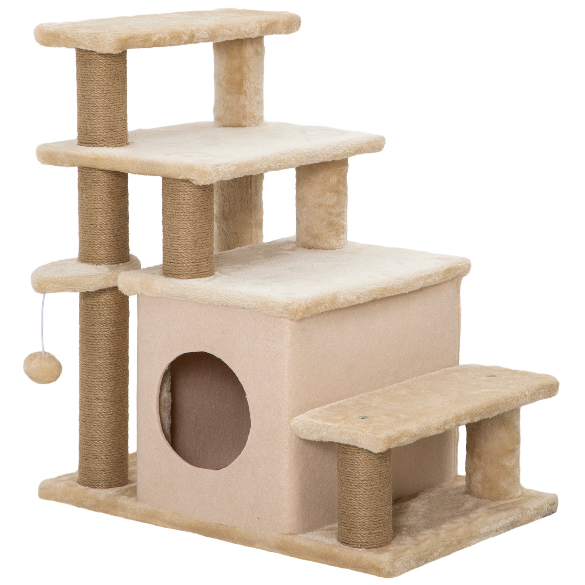 Dog Stairs 3/4 Steps 66 cm High Pet Stairs with Sleeping Den, Ramp, Play Ball, Cat Stairs for medium-sized Cat Dog Ramp Accessory for Bed, Sofa, Couch, Beige
