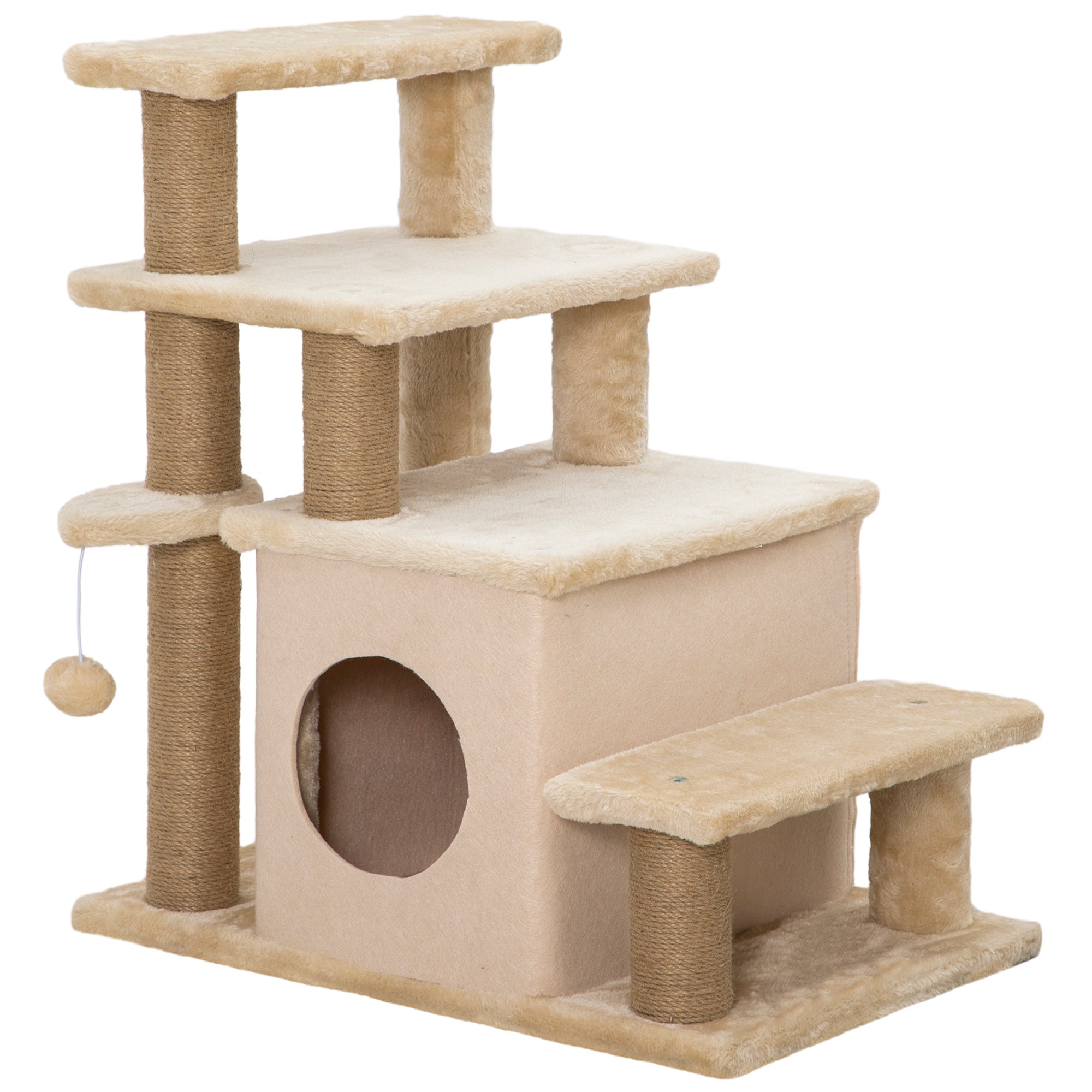 Dog Stairs 3/4 Steps 66 cm High Pet Stairs with Sleeping Den, Ramp, Play Ball, Cat Stairs for medium-sized Cat Dog Ramp Accessory for Bed, Sofa, Couch, Beige