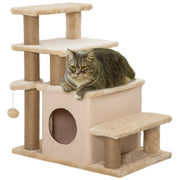 Dog Stairs 3/4 Steps 66 cm High Pet Stairs with Sleeping Den, Ramp, Play Ball, Cat Stairs for medium-sized Cat Dog Ramp Accessory for Bed, Sofa, Couch, Beige