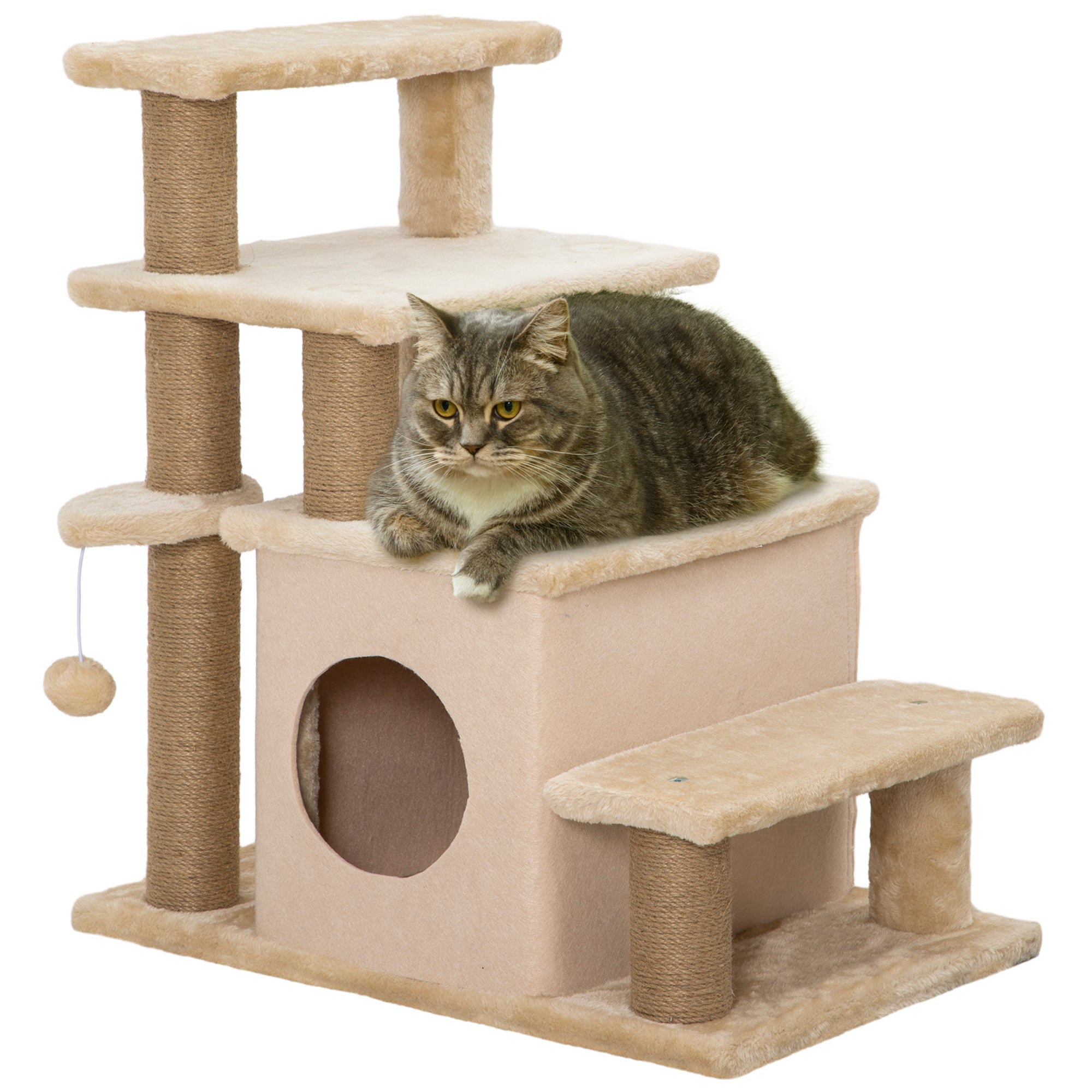 Dog Stairs 3/4 Steps 66 cm High Pet Stairs with Sleeping Den, Ramp, Play Ball, Cat Stairs for medium-sized Cat Dog Ramp Accessory for Bed, Sofa, Couch, Beige