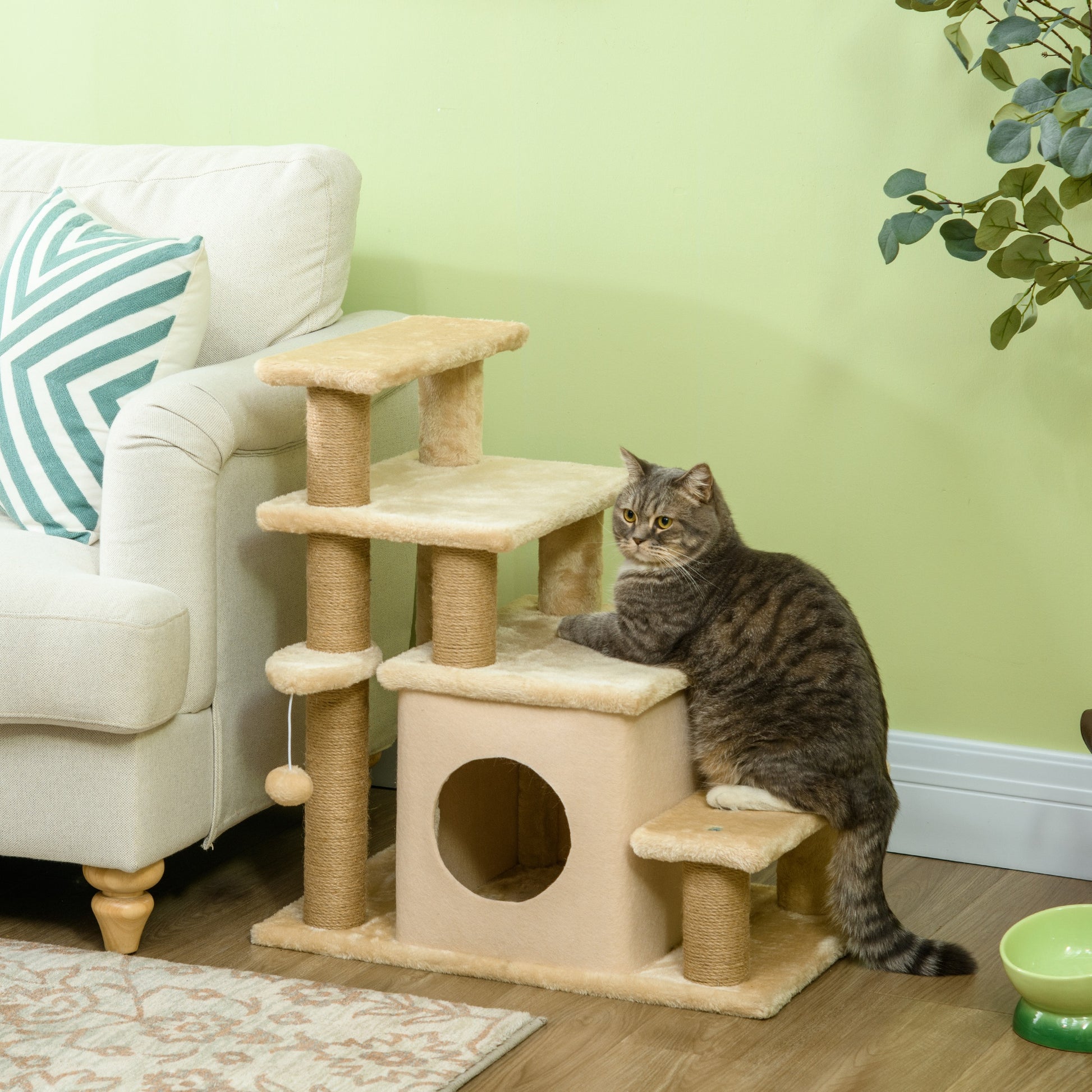 Dog Stairs 3/4 Steps 66 cm High Pet Stairs with Sleeping Den, Ramp, Play Ball, Cat Stairs for medium-sized Cat Dog Ramp Accessory for Bed, Sofa, Couch, Beige