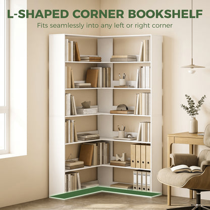 7-Tier L-Shaped Corner Bookcase, White Wood-Effect, Non-Slip 2.8 in Back Lip, 35.4 x 35.4 x 70.9 in