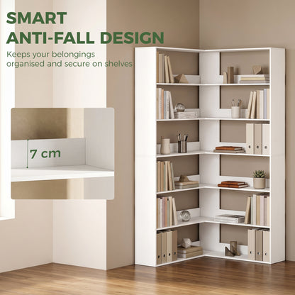 7-Tier L-Shaped Corner Bookcase, White Wood-Effect, Non-Slip 2.8 in Back Lip, 35.4 x 35.4 x 70.9 in