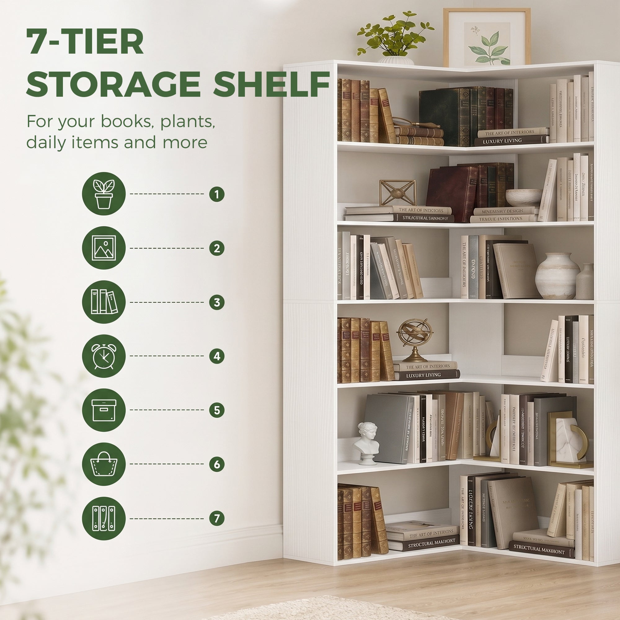 7-Tier L-Shaped Corner Bookcase, White Wood-Effect, Non-Slip 2.8 in Back Lip, 35.4 x 35.4 x 70.9 in