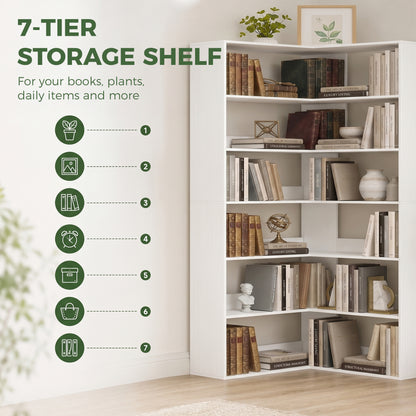 7-Tier L-Shaped Corner Bookcase, White Wood-Effect, Non-Slip 2.8 in Back Lip, 35.4 x 35.4 x 70.9 in