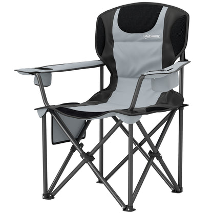 Folding Camping Chair, Padded Fishing Chair, Adjustable Armrests, Cup Holders, Side Pockets, and Cooling Bag, Foldable Chair for Hiking, Fishing, and Picnic, Gray