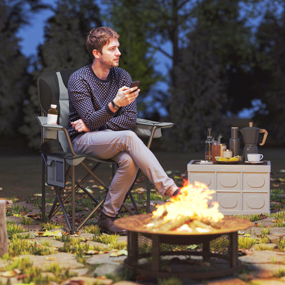 Folding Camping Chair, Padded Fishing Chair, Adjustable Armrests, Cup Holders, Side Pockets, and Cooling Bag, Foldable Chair for Hiking, Fishing, and Picnic, Gray