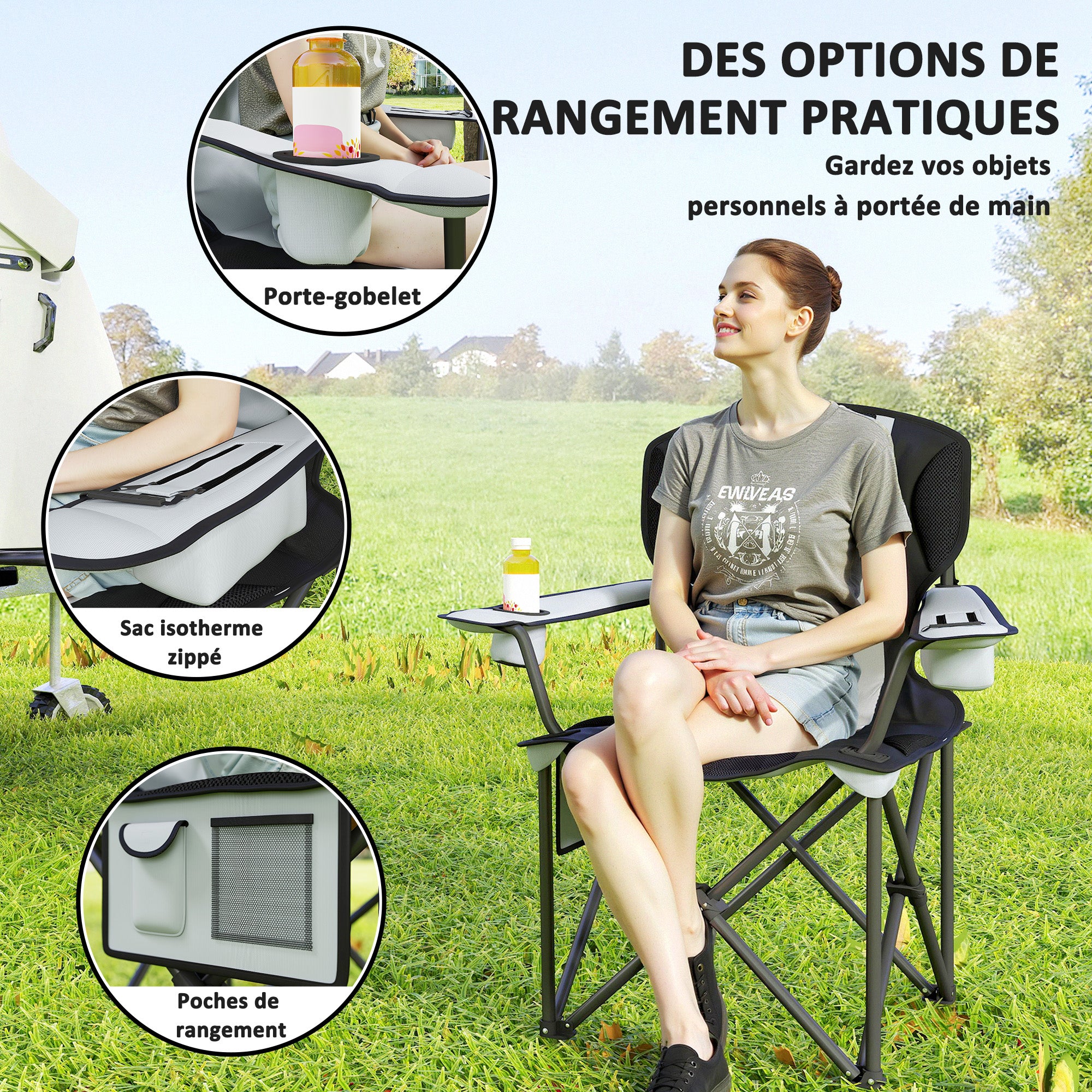 Folding Camping Chair, Padded Fishing Chair, Adjustable Armrests, Cup Holders, Side Pockets, and Cooling Bag, Foldable Chair for Hiking, Fishing, and Picnic, Gray