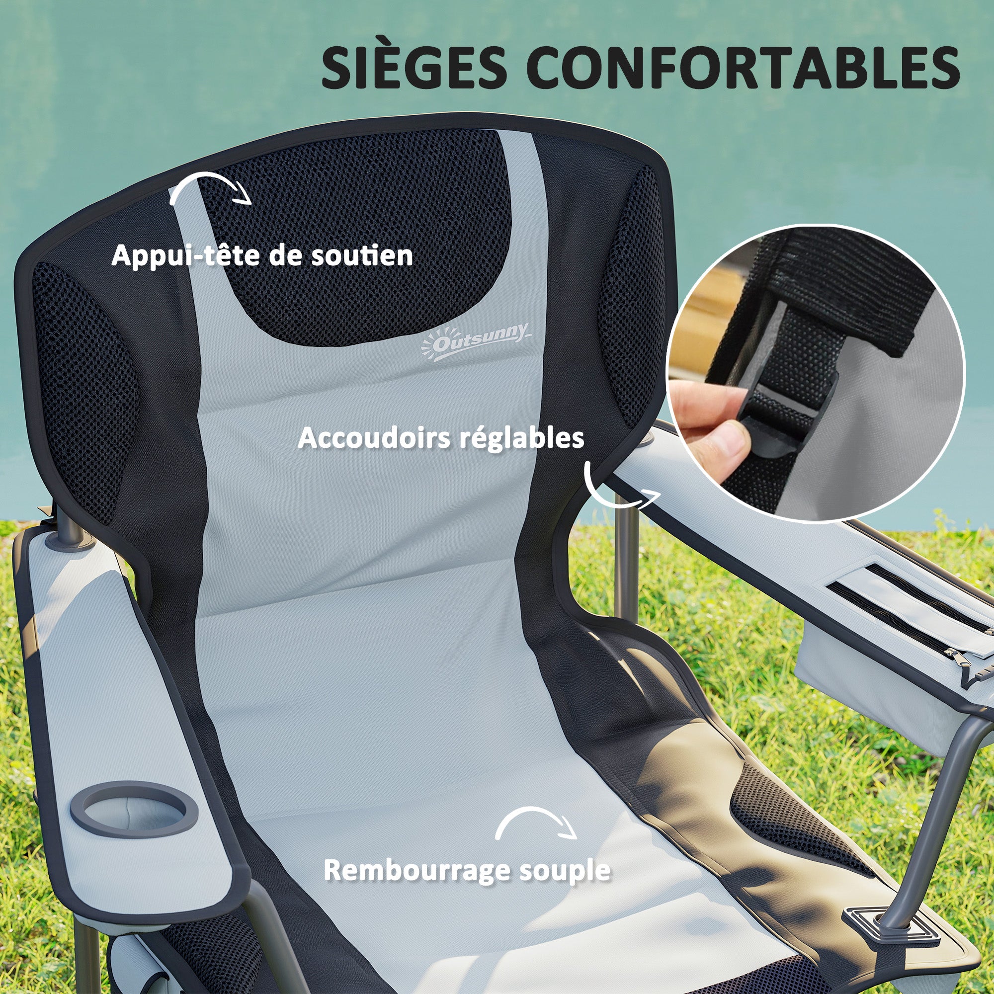 Folding Camping Chair, Padded Fishing Chair, Adjustable Armrests, Cup Holders, Side Pockets, and Cooling Bag, Foldable Chair for Hiking, Fishing, and Picnic, Gray