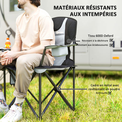 Folding Camping Chair, Padded Fishing Chair, Adjustable Armrests, Cup Holders, Side Pockets, and Cooling Bag, Foldable Chair for Hiking, Fishing, and Picnic, Gray