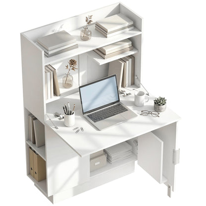 Folding Desk with Shelves & Cabinet, 31.5 x 11.8 x 50.4 in, Modern Home Office Table, White