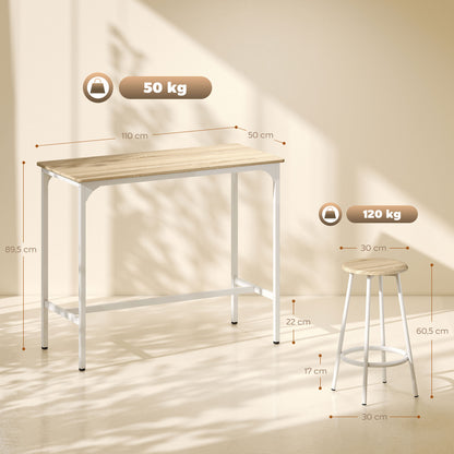 Bar Table Set with 4 Stools — High Kitchen/Dining Table with Footrests, Modern Metal Frame, Natural Wood Effect