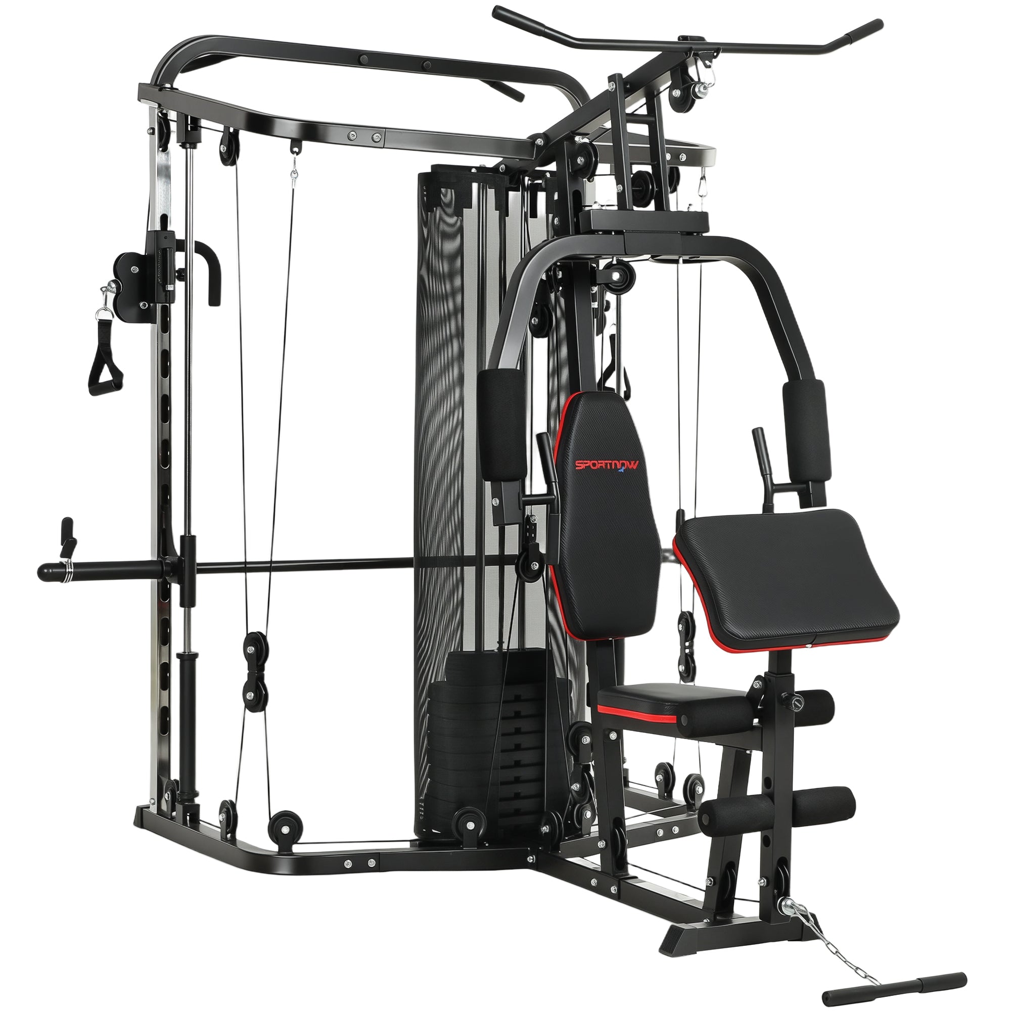 SPORTNOW Multi-Station Home Gym with 143 lb Weight Stack, Smith Machine, Lat Pulldown, Adjustable Preacher Bench & Leg Trainer — Supports up to 265 lb