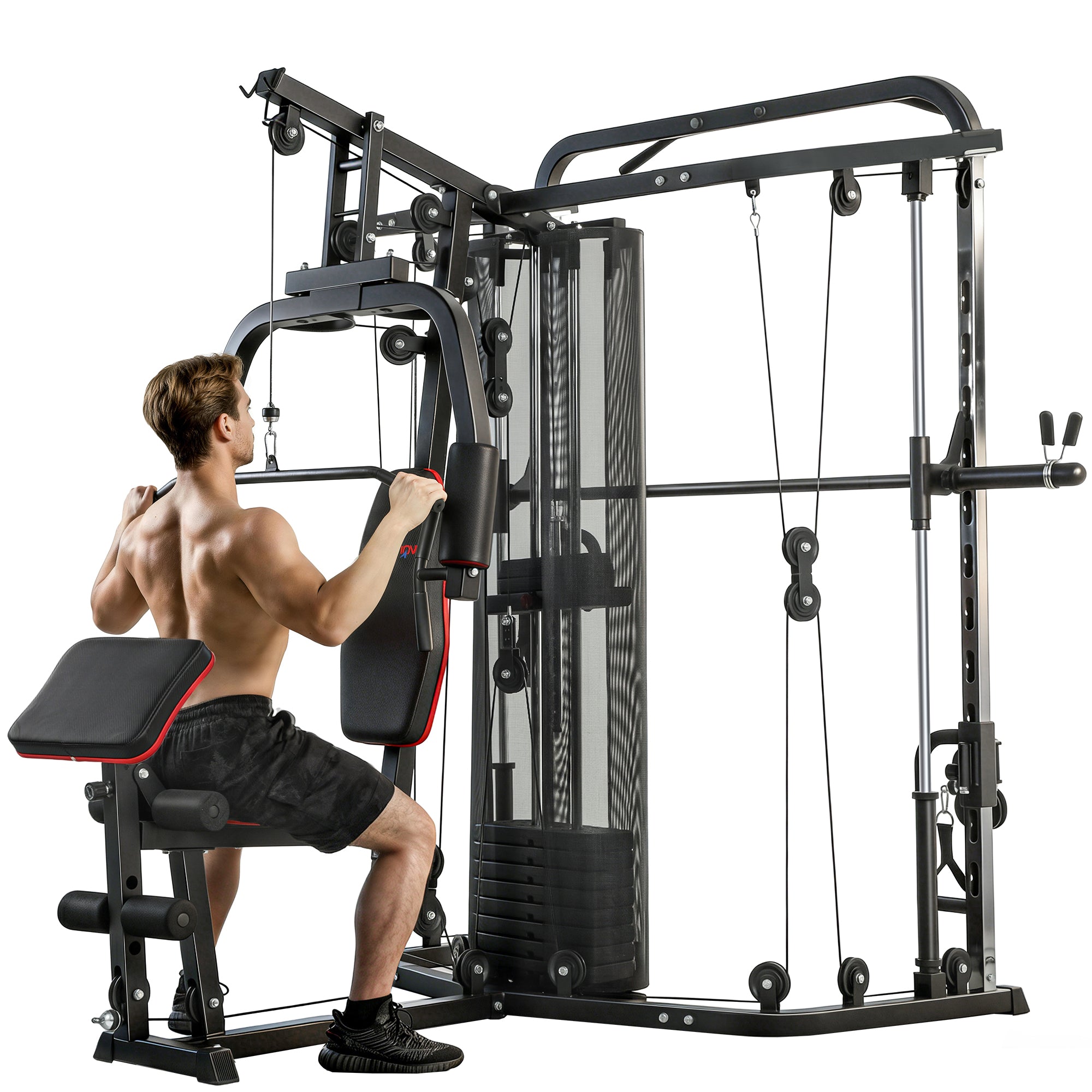SPORTNOW Multi-Station Home Gym with 143 lb Weight Stack, Smith Machine, Lat Pulldown, Adjustable Preacher Bench & Leg Trainer — Supports up to 265 lb