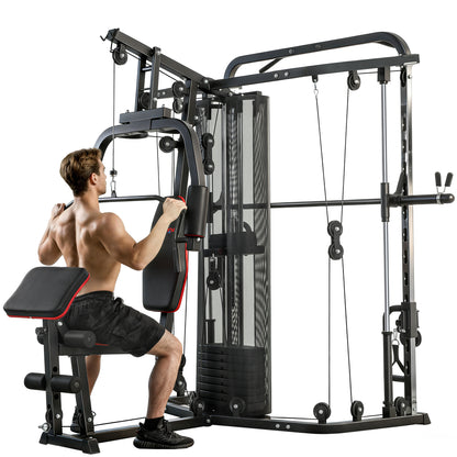 SPORTNOW Multi-Station Home Gym with 143 lb Weight Stack, Smith Machine, Lat Pulldown, Adjustable Preacher Bench & Leg Trainer — Supports up to 265 lb