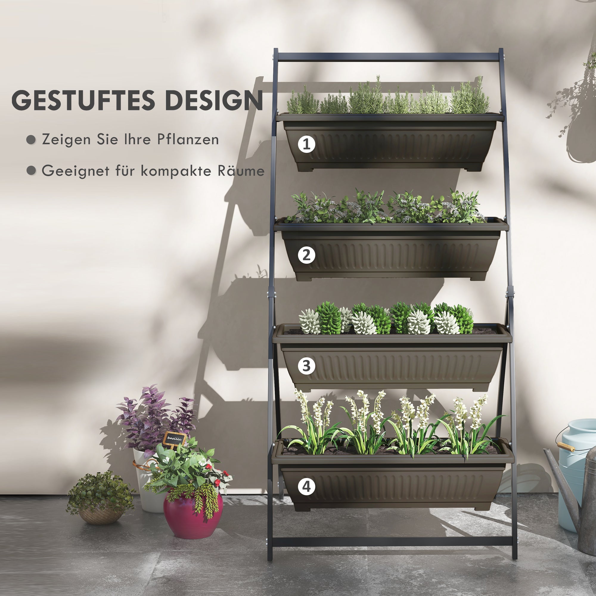 Plant Stand, Flower Stand with 4 Tiers, Plant Shelf with Holes, Plant Staircase Flower Shelf for Garden, Steel, Brown, 76 x 79 x 162 cm