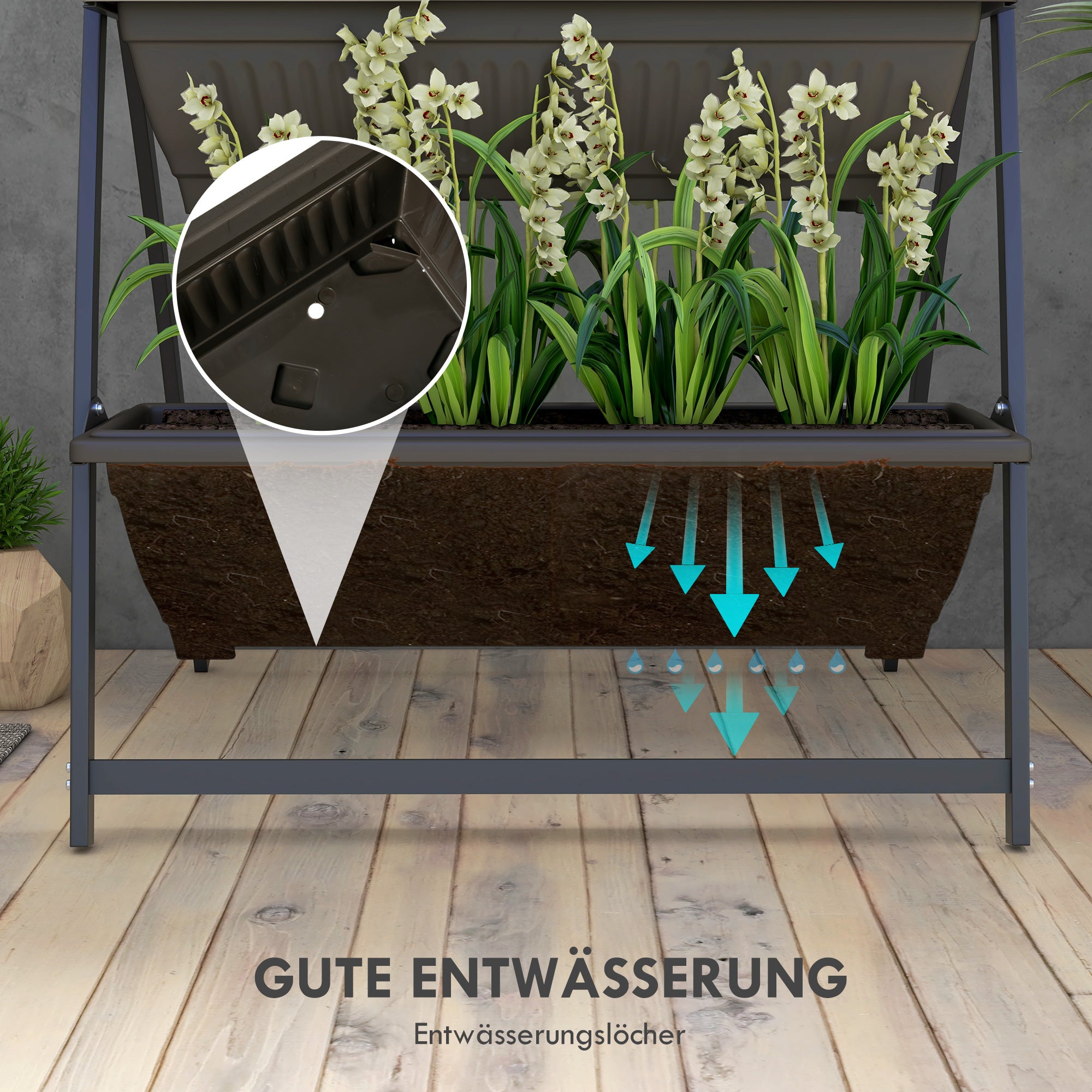 Plant Stand, Flower Stand with 4 Tiers, Plant Shelf with Holes, Plant Staircase Flower Shelf for Garden, Steel, Brown, 76 x 79 x 162 cm