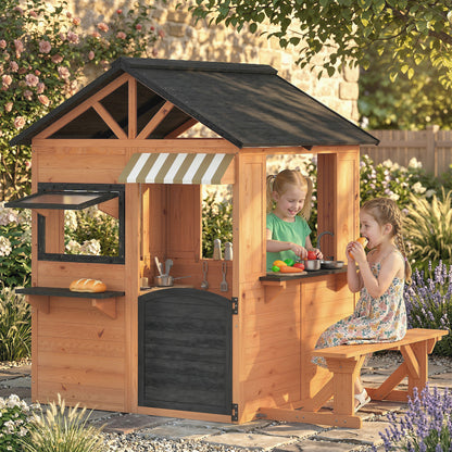 Wooden Kids' Playhouse Outdoor with Play Kitchen, Bench, Serving Counter, Windows & Faucet — Brown, 67.5 in x 57.5 in x 61.4 in (171.5 x 146 x 156 cm)