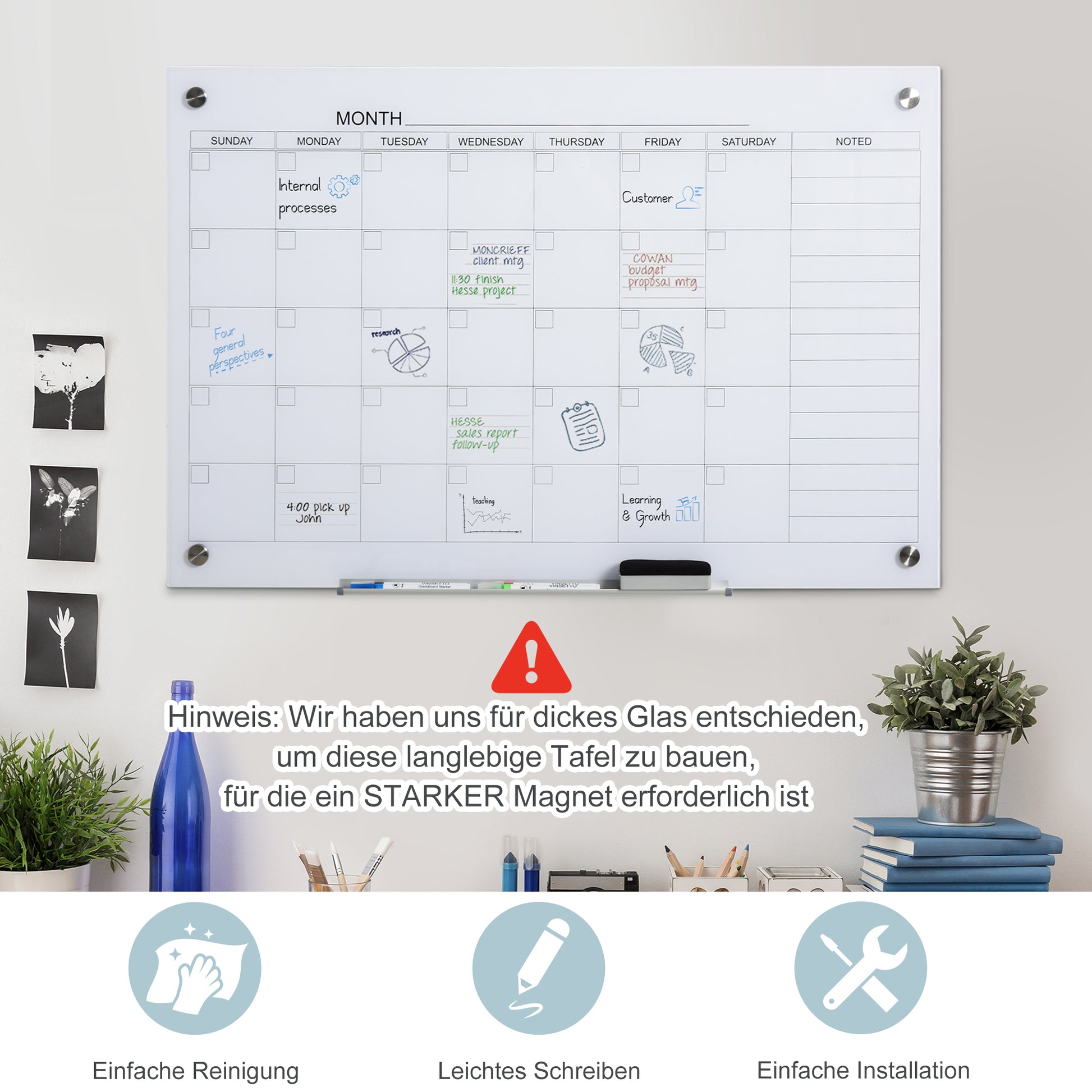 Whiteboard Calendar for Organization Holiday Plans and Monthly Schedules incl. 1 Pen Holder, 4 Markers & Eraser 90 x 60 cm