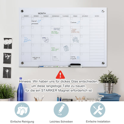 Whiteboard Calendar for Organization Holiday Plans and Monthly Schedules incl. 1 Pen Holder, 4 Markers & Eraser 90 x 60 cm