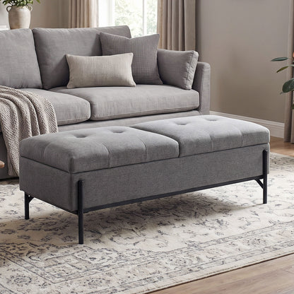 Storage Bench, Linen Ottoman with 2 Compartments, Hinged Lids and Extra-Thick Cushion, Button-Tufted Seat, for Bedroom, Living Room, Hallway — 46.1 x 19.7 x 17.3 in (117 x 50 x 44 cm), Gray