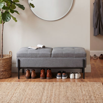 Storage Bench, Linen Ottoman with 2 Compartments, Hinged Lids and Extra-Thick Cushion, Button-Tufted Seat, for Bedroom, Living Room, Hallway — 46.1 x 19.7 x 17.3 in (117 x 50 x 44 cm), Gray