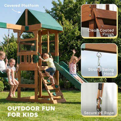 Spielturm Klettergerüst Schaukelgestell mit 194,5cm Rutsche, 2 Schaukeln, Kletterwand, überdachtem Oberdeck Outdoor Kinder Kletterturm aus Holz Spielhaus für 3-8 Jahre Kinder 315x284x233 cm