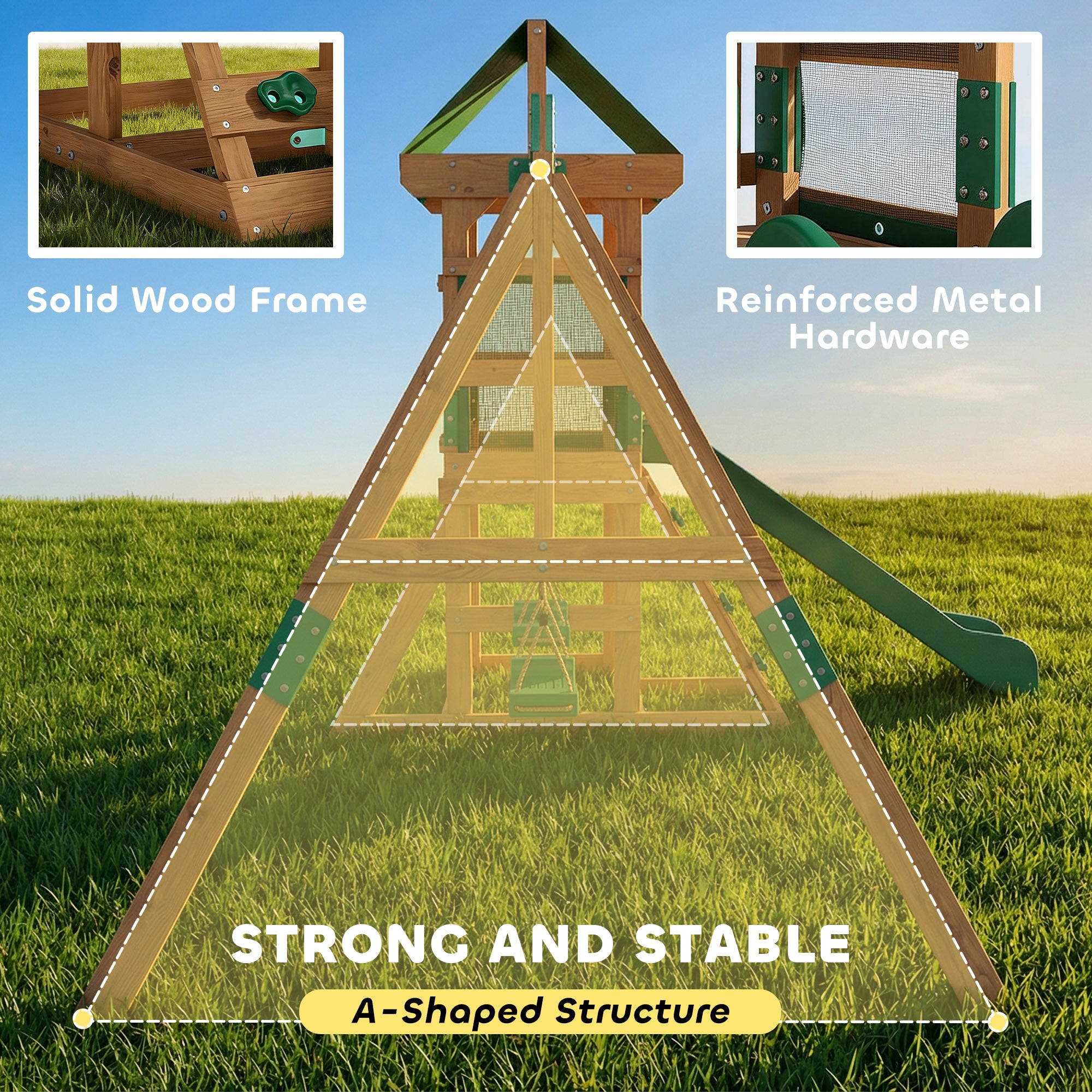Spielturm Klettergerüst Schaukelgestell mit 194,5cm Rutsche, 2 Schaukeln, Kletterwand, überdachtem Oberdeck Outdoor Kinder Kletterturm aus Holz Spielhaus für 3-8 Jahre Kinder 315x284x233 cm