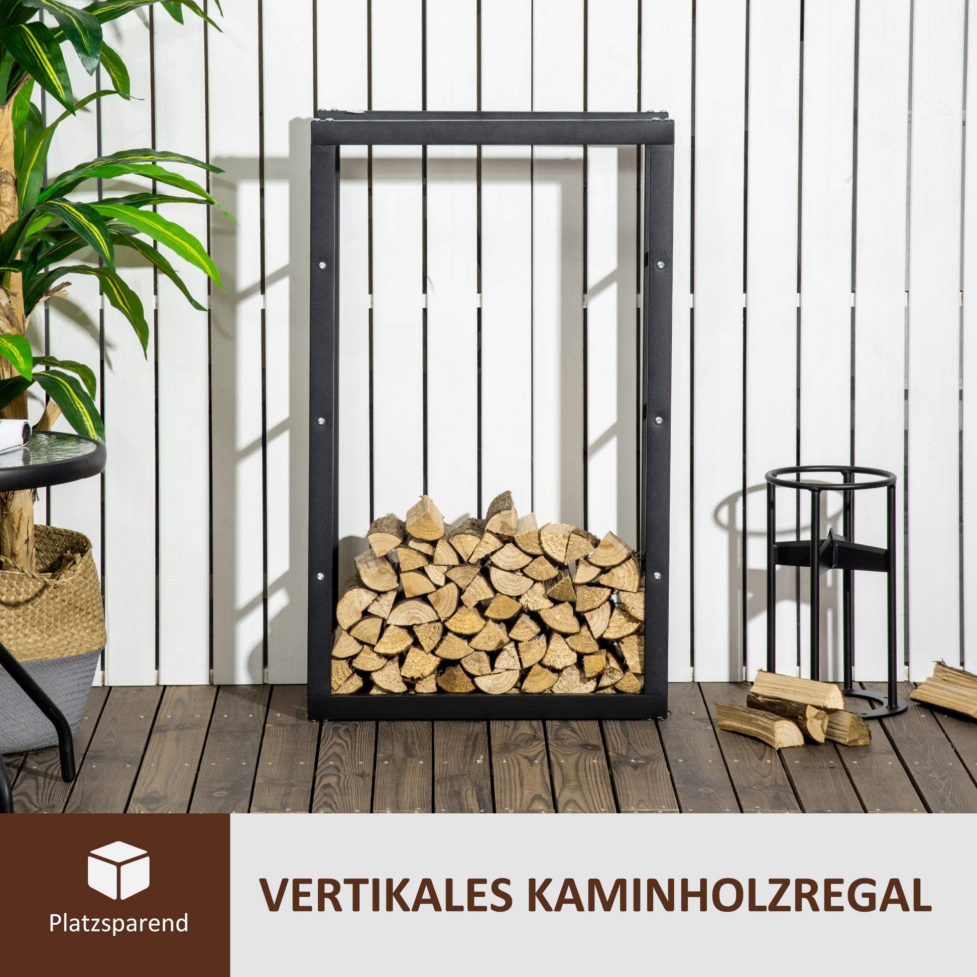Firewood Rack Metal 60 x 25 x 100 cm Firewood Storage Aid Steel Frame up to 100kg Fireplace Wood Stand Outdoor Wood Rack Firewood Holder for Garden Terrace Outside Black