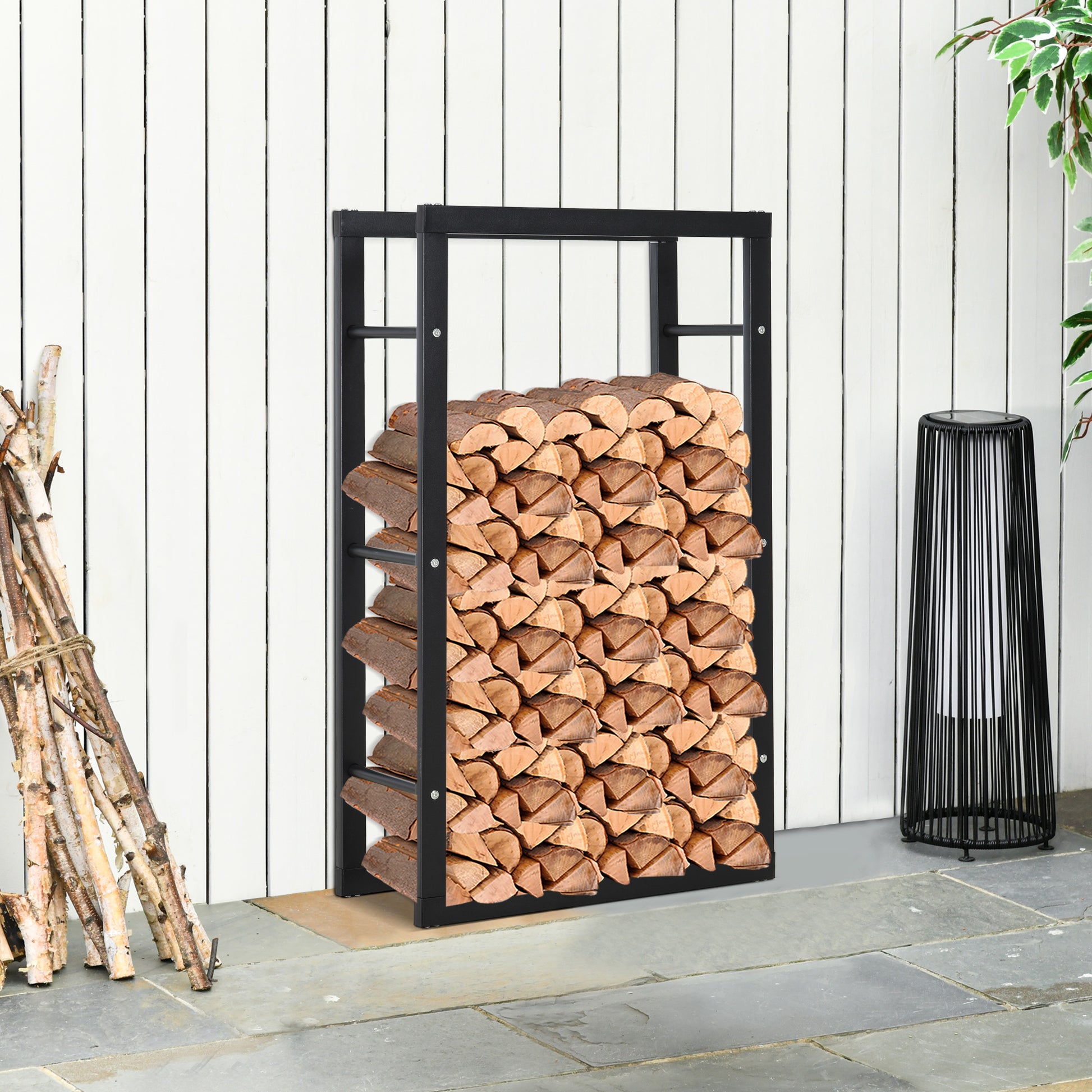 Firewood Rack Metal 60 x 25 x 100 cm Firewood Storage Aid Steel Frame up to 100kg Fireplace Wood Stand Outdoor Wood Rack Firewood Holder for Garden Terrace Outside Black